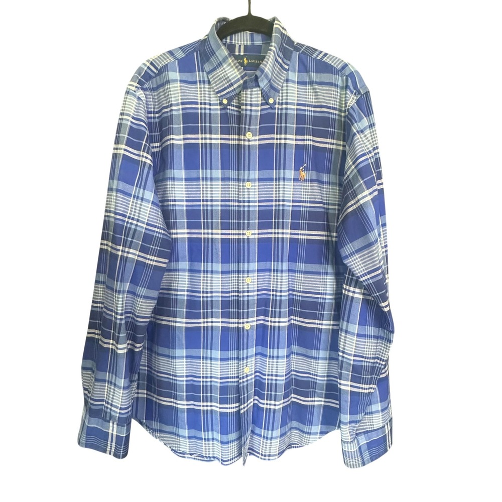 Ralph Lauren Mens Blue White Plaid Cotton Button Down Shirt Medium Regular Fit